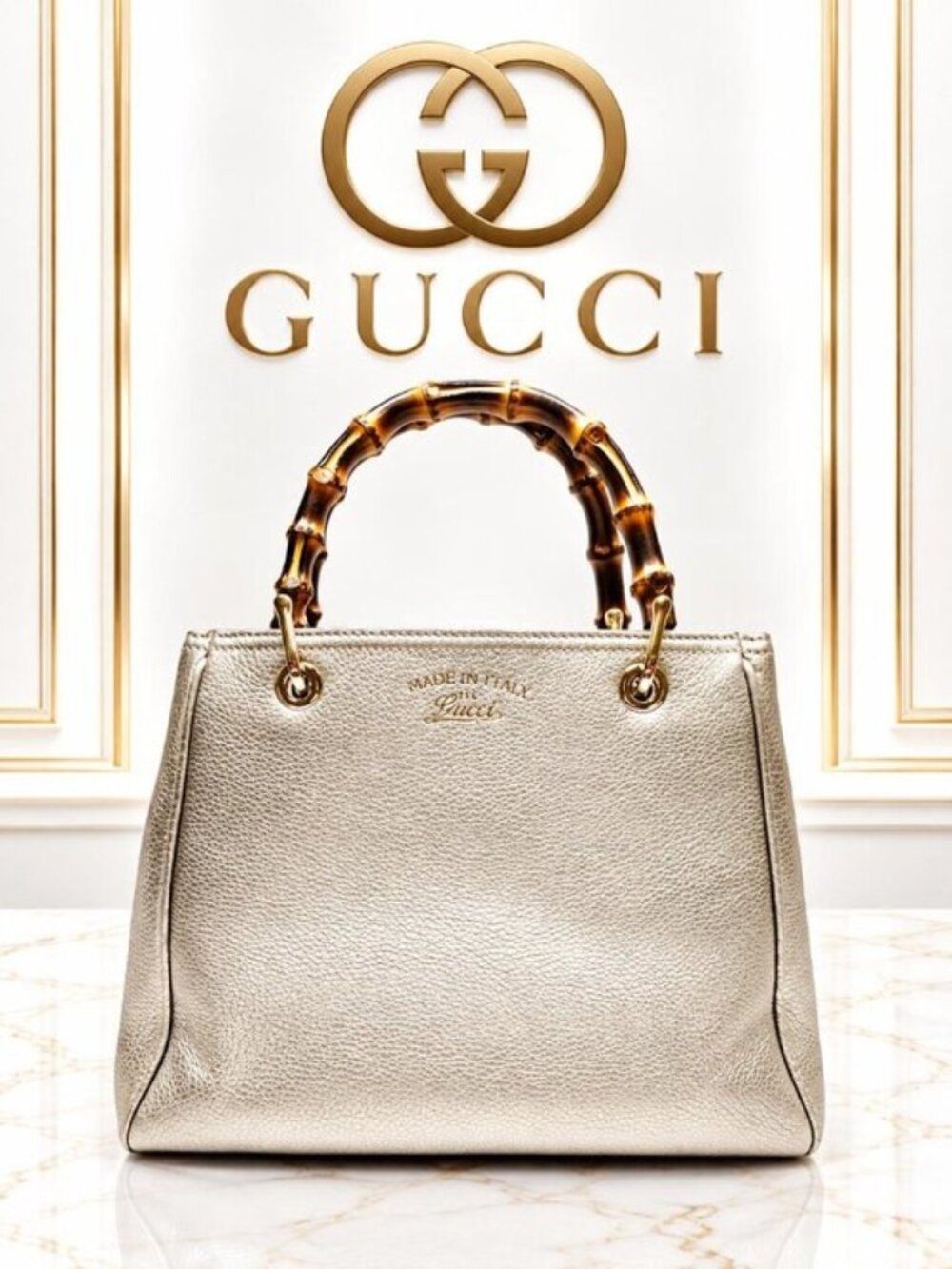 Authentic Gucci Bamboo Shopper Metallic Silver Leather Top Handle Tote Bag